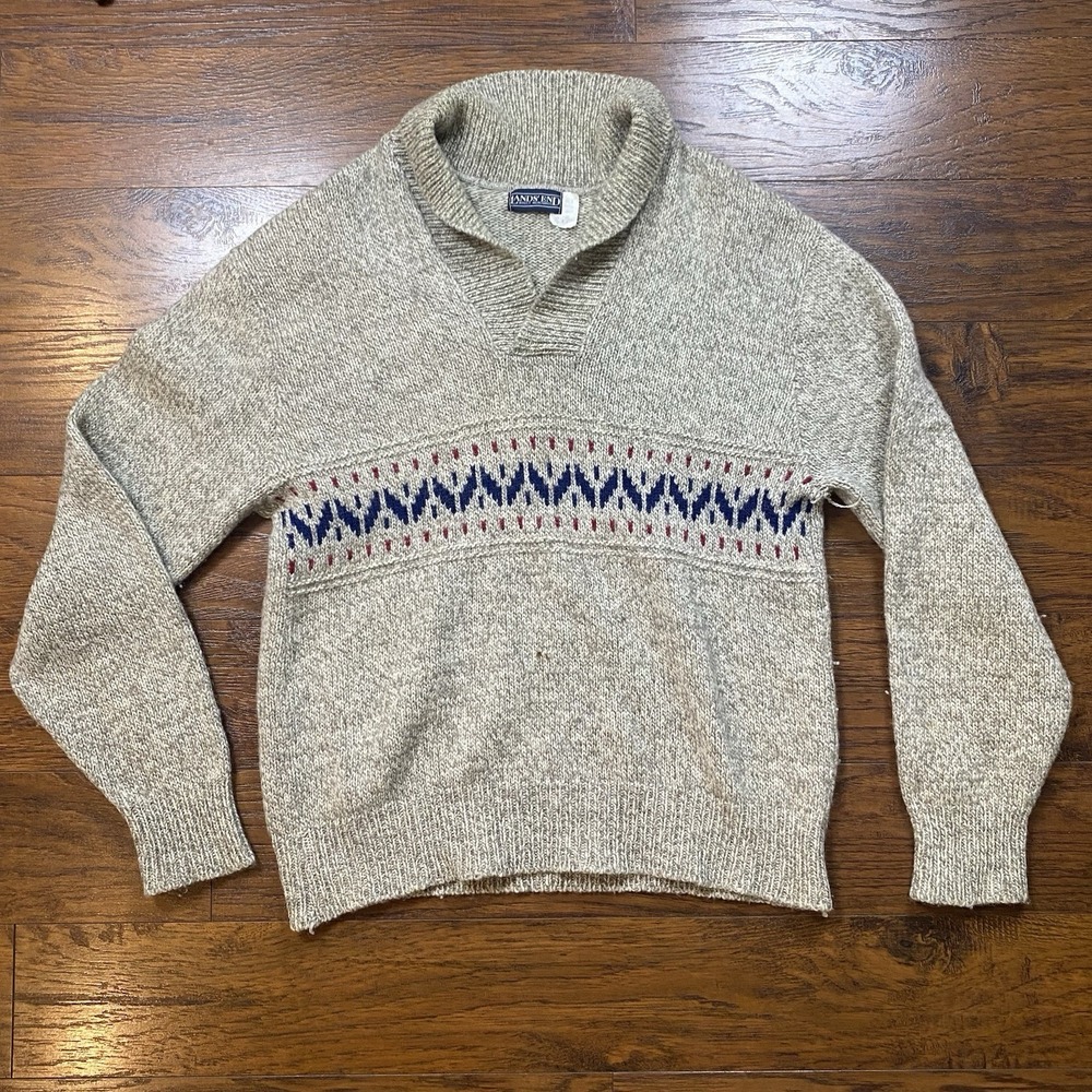 Lands End Sweater Mens Medium Brown Fair Isle Nordic Shawl Collar Wool Vintage